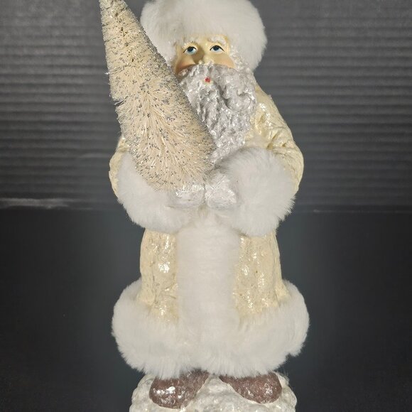 Vintage Ivory Resin Glitter Coat And White Fur Trim Santa Holding An Ivory Tree - Picture 2 of 10